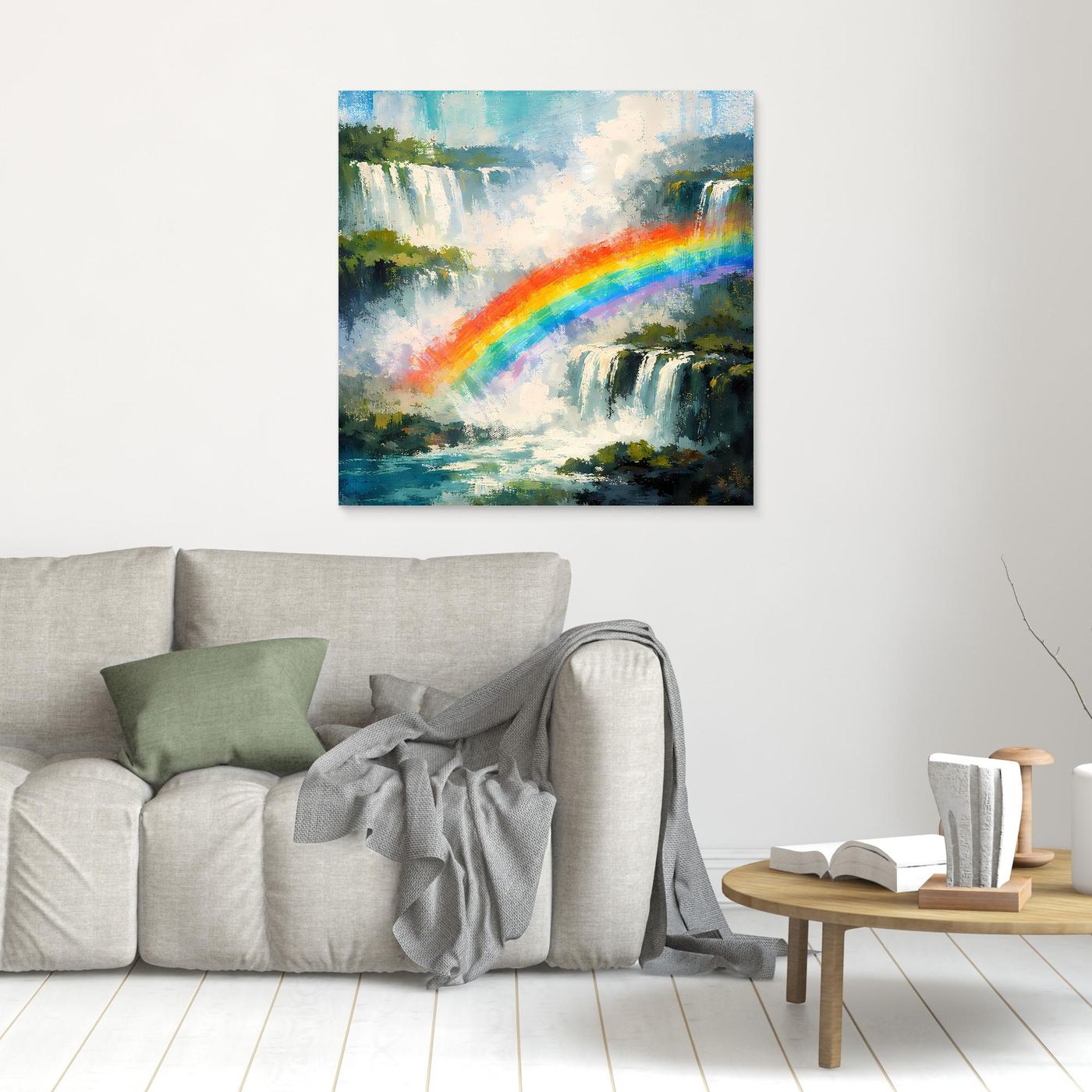 Abstraktes Wandbild mit Wasserfällen und Regenbogen, ohne sichtbaren Rahmen
