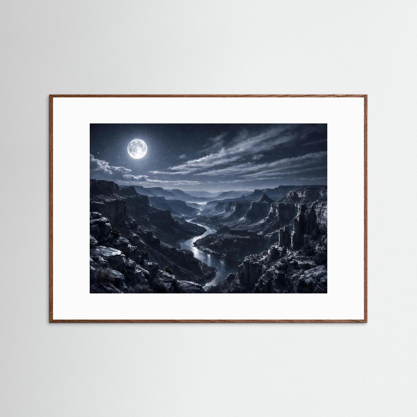 Wandbild-Poster mit hellem Holzrahmen und mondbelebter Canyonlandschaft im Nachtstil