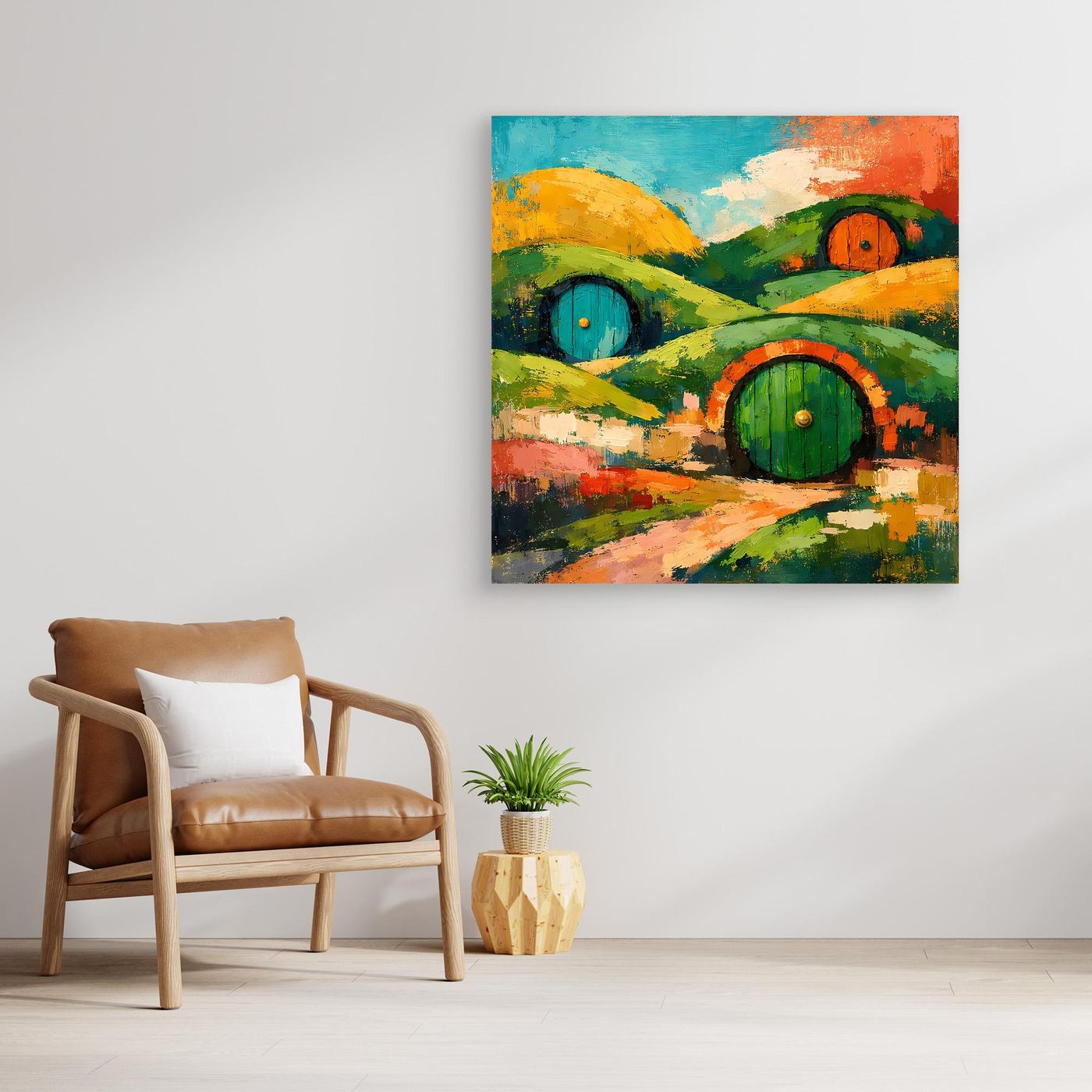 Abstraktes Wandbild auf Leinwand: grüne Hügel mit orangefarbenen Gebäuden und blauen Akzenten