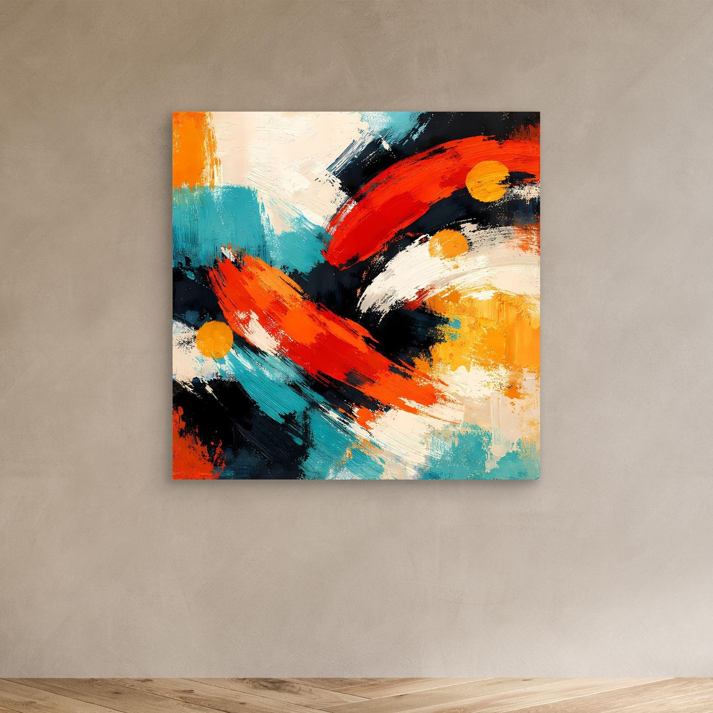 Abstraktes Leinwandbild mit orange-roten, türkisfarbenen und schwarzen Pinselstrichen und gelben Punkten