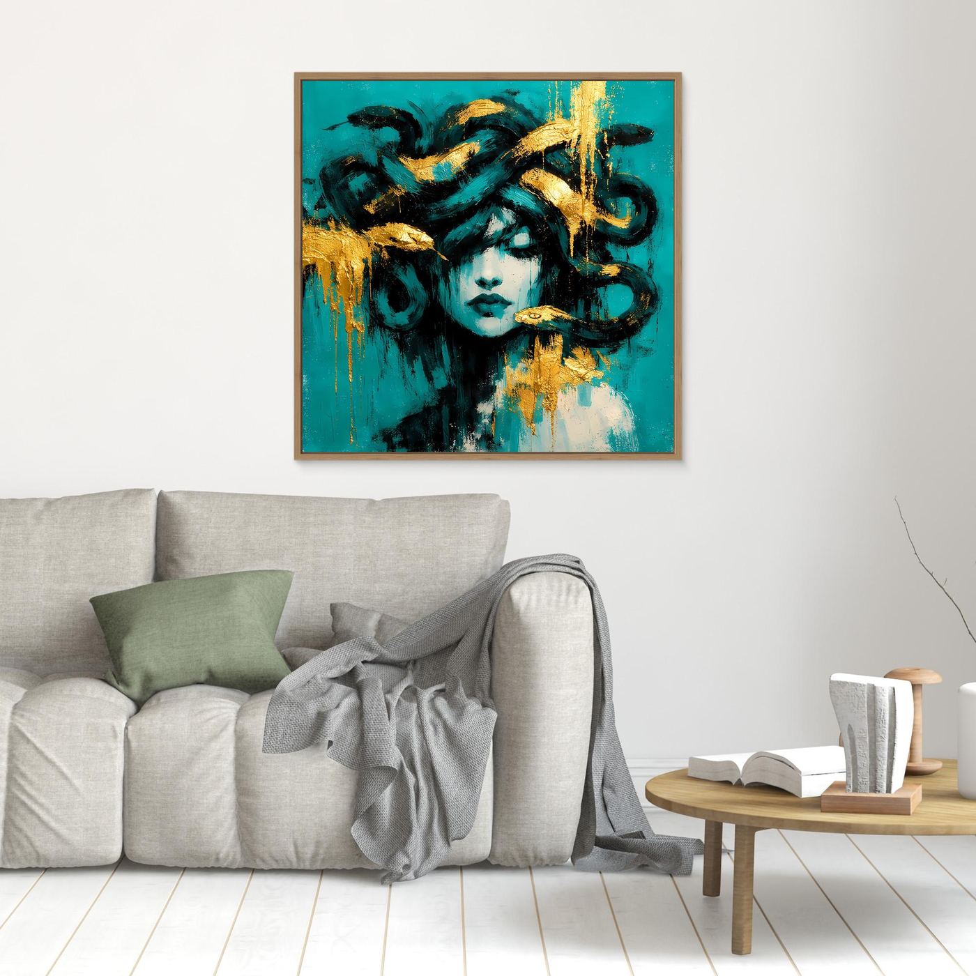 Leinwand Mythische Medusa in Türkis und Gold | Abstraktes Gorgonen Wandbild