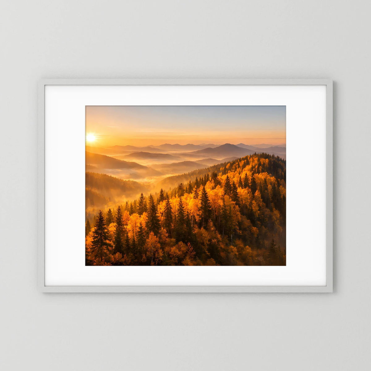 Wandbild im weißen Bilderrahmen: goldener Herbstwald mit Bergen bei Sonnenaufgang, Querformat