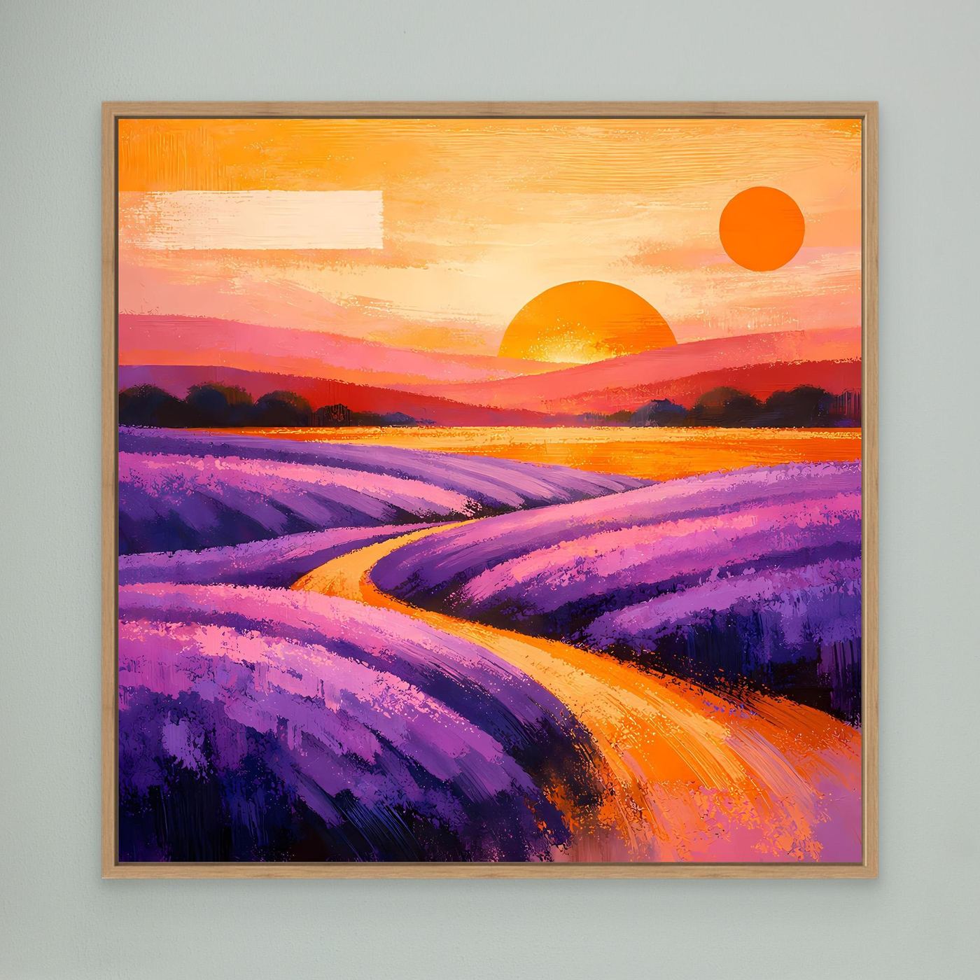 Leinwandbild mit abstraktem Lavendelfeld, Provence-Landschaft, brauner Rahmen, Lila und Orange
