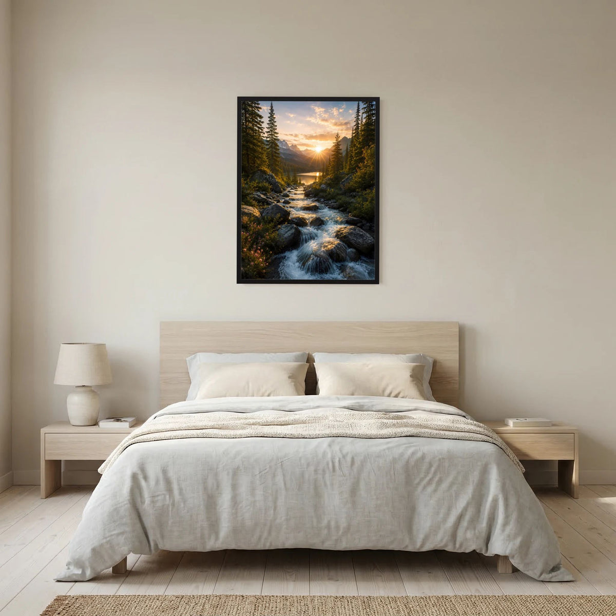 Wandposter im Hochformat mit Sonnenuntergang über Wald, See und Bach, schwarzer Rahmen