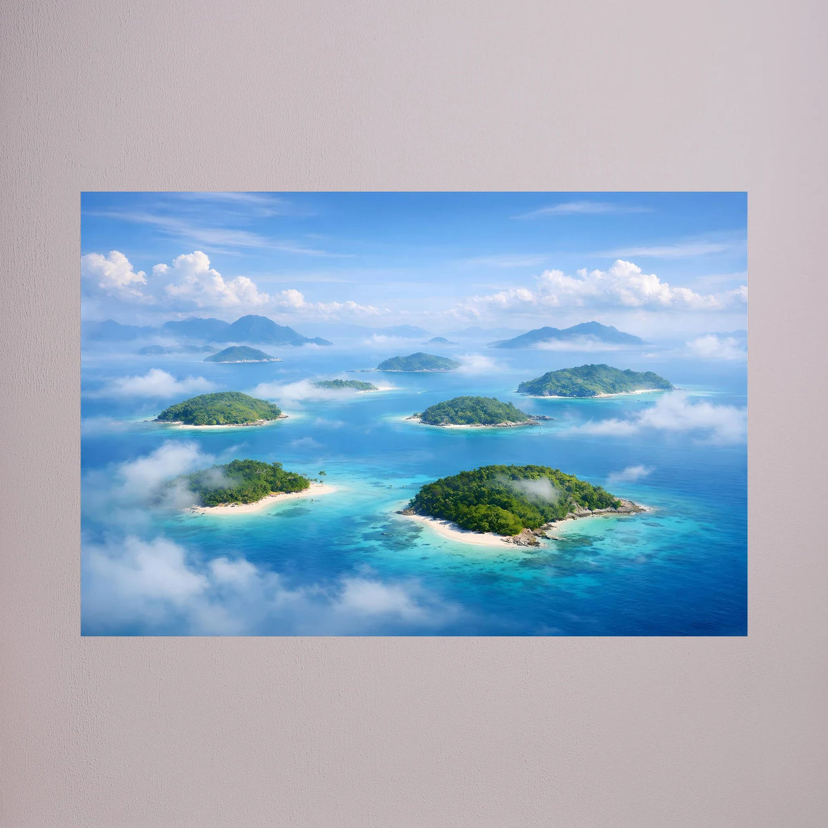 Wandbild-Druck mit tropischen Inseln über türkisblauem Meer, ohne Rahmen