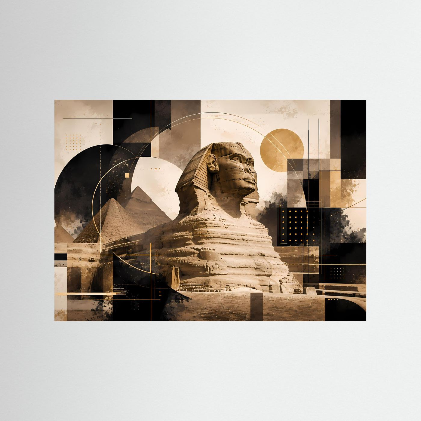Querformat-Poster mit Sphinx und Pyramiden, beige, schwarz und gold