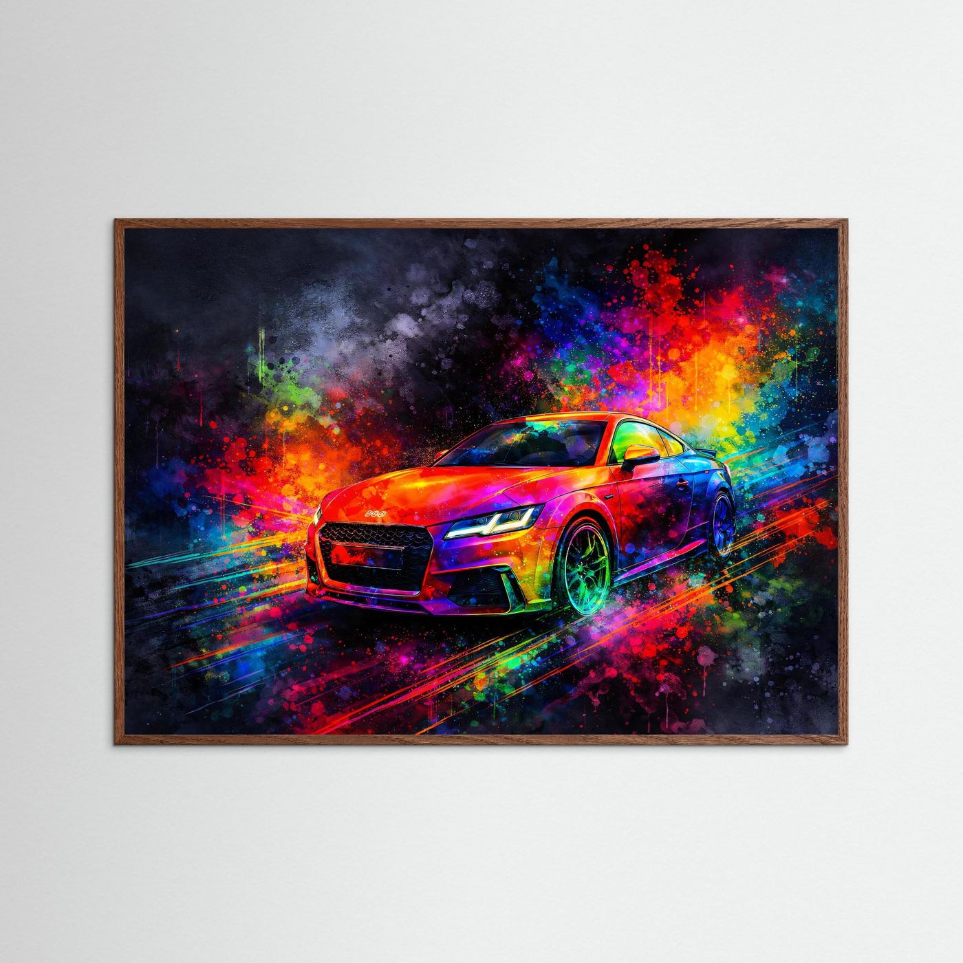 Explosiver Modern Sportwagen | Buntes Neon Auto Wandbild & Kunst Poster Querformat