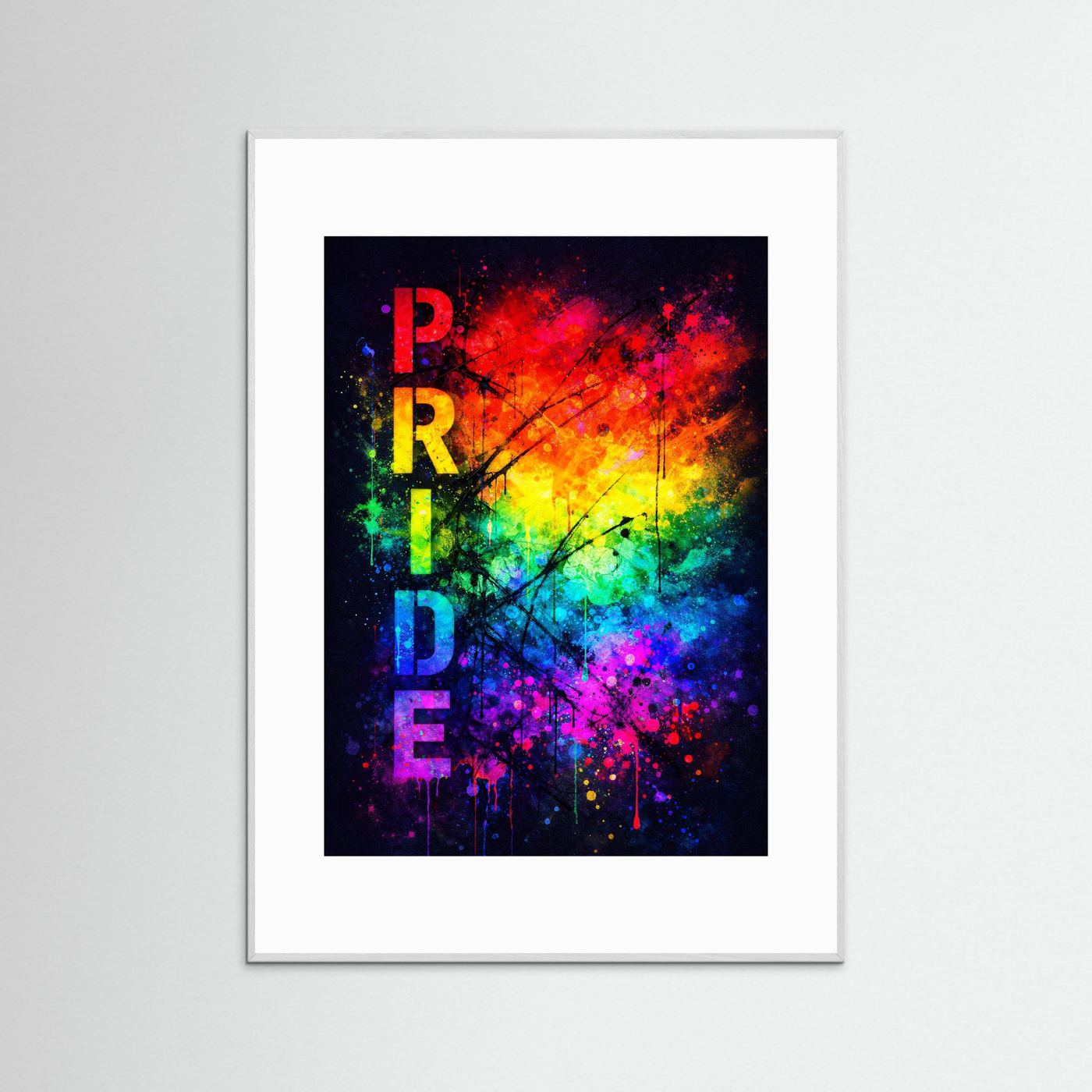 Gerahmtes Pride-Grafitti-Poster mit Sprühfarben und senkrechtem „PRIDE“, hellgrauer Rahmen