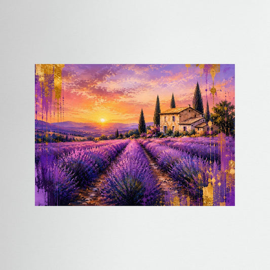 Querformat-Poster mit Lavendelfeldern, Landhaus und Sonnenuntergangshimmel
