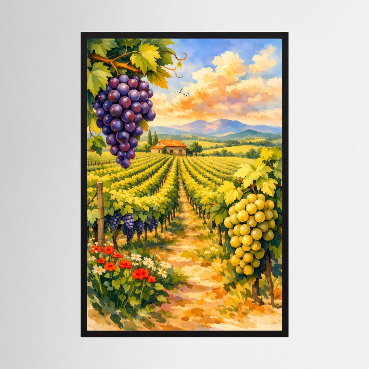 Hochformat-Wandbild mit Weinreben und Trauben, schwarzer Rahmen