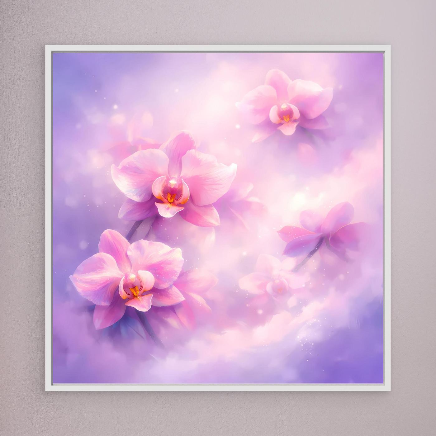 Leinwandbild mit pastellfarbenen Orchideenblüten, weißer Rahmen