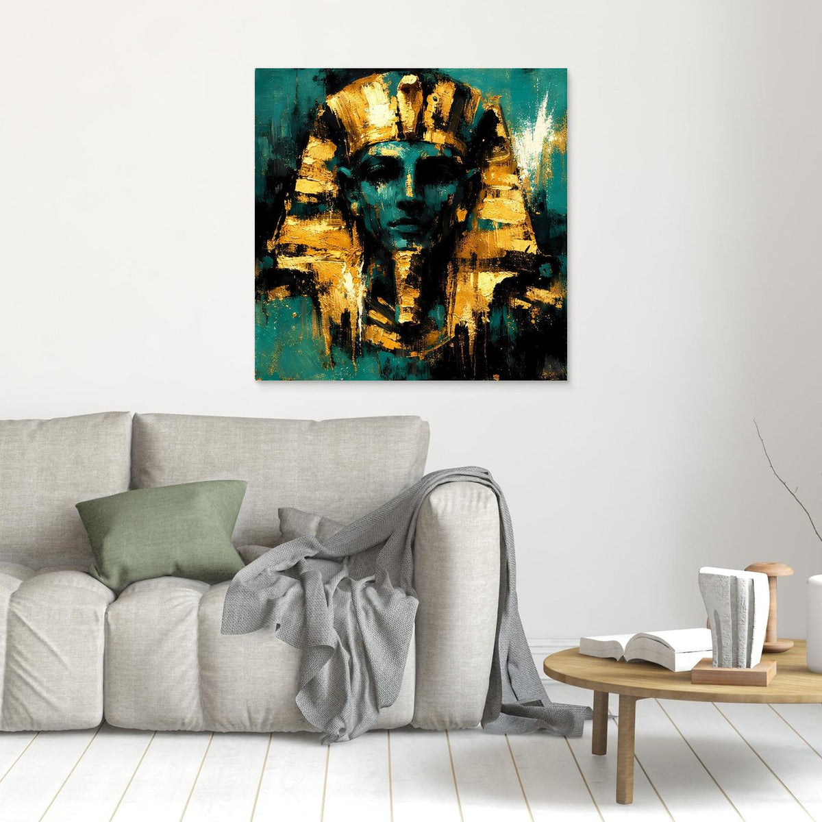 Gerahmtes Leinwand-Wandbild mit abstrahiertem Pharao in Türkis und Gold, schmaler Rahmen