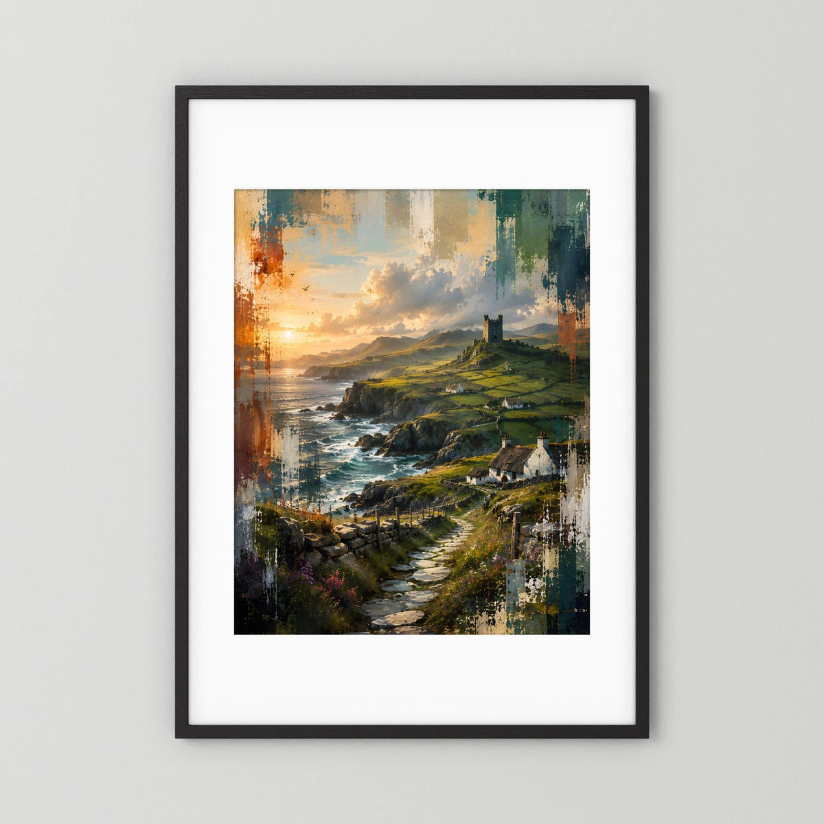 Landschaftsposter im Hochformat mit Küste und Burgturm, schwarzer Rahmen, weißes Passepartout