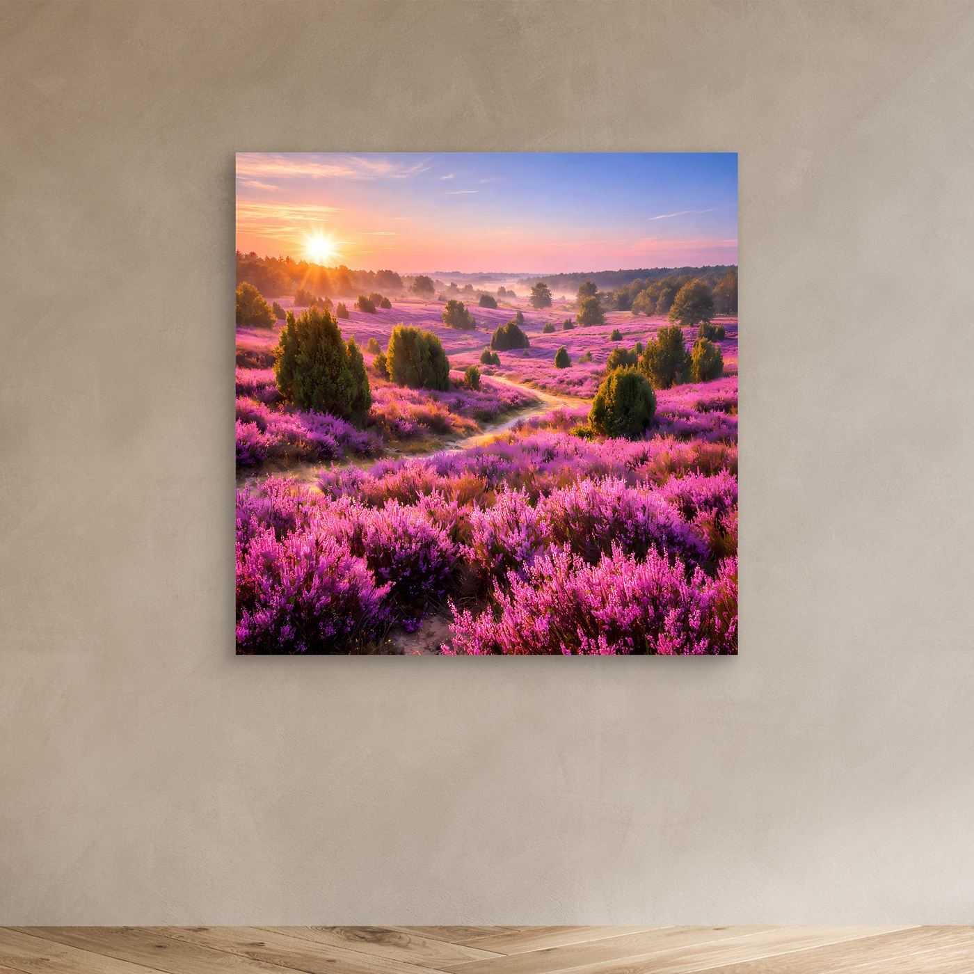 Leinwandbild mit Heidekraut und Sonnenaufgang, ohne Rahmen