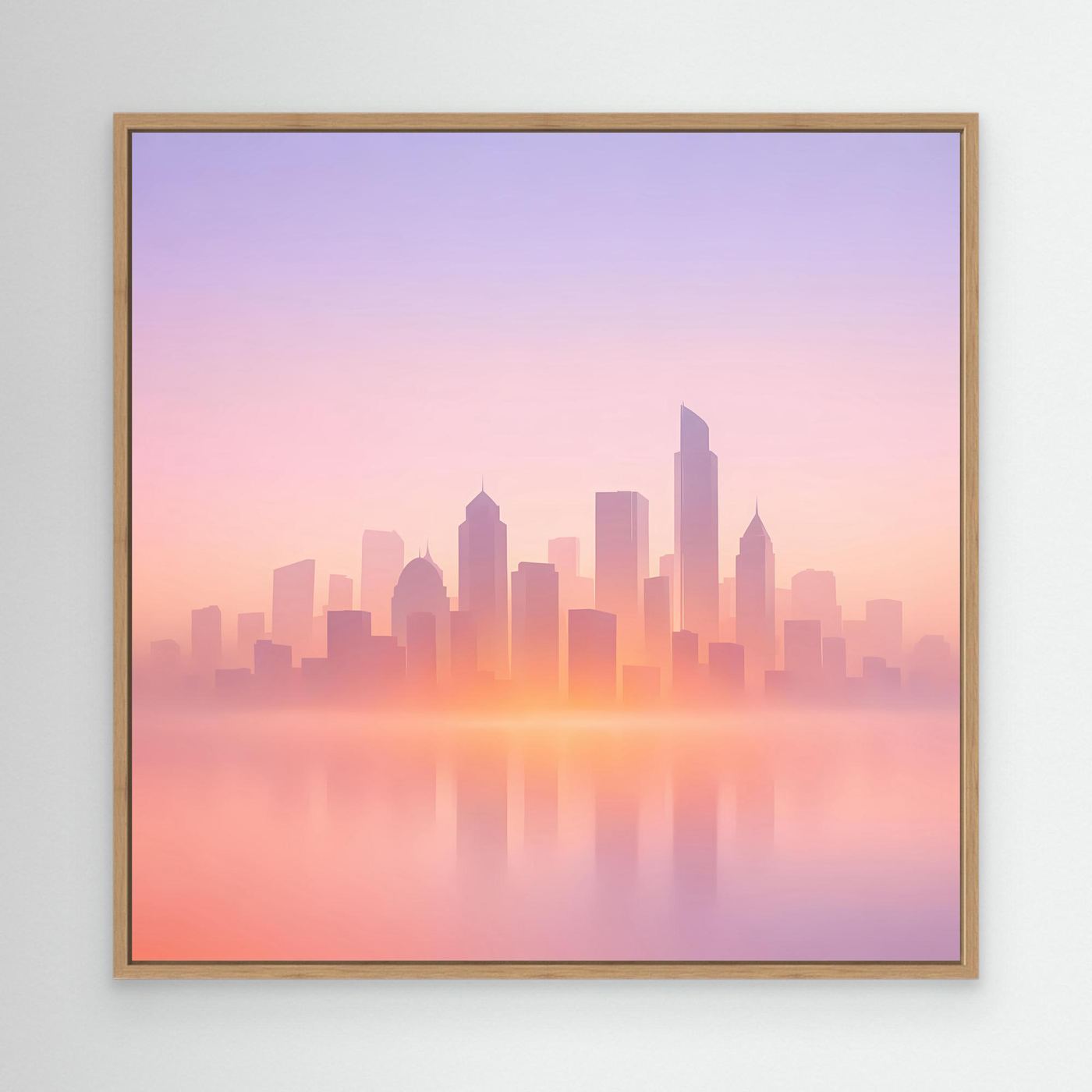 Leinwand-Wandbild Skyline im Pastellrosa, Eichenrahmen, mit Spiegelung im Wasser