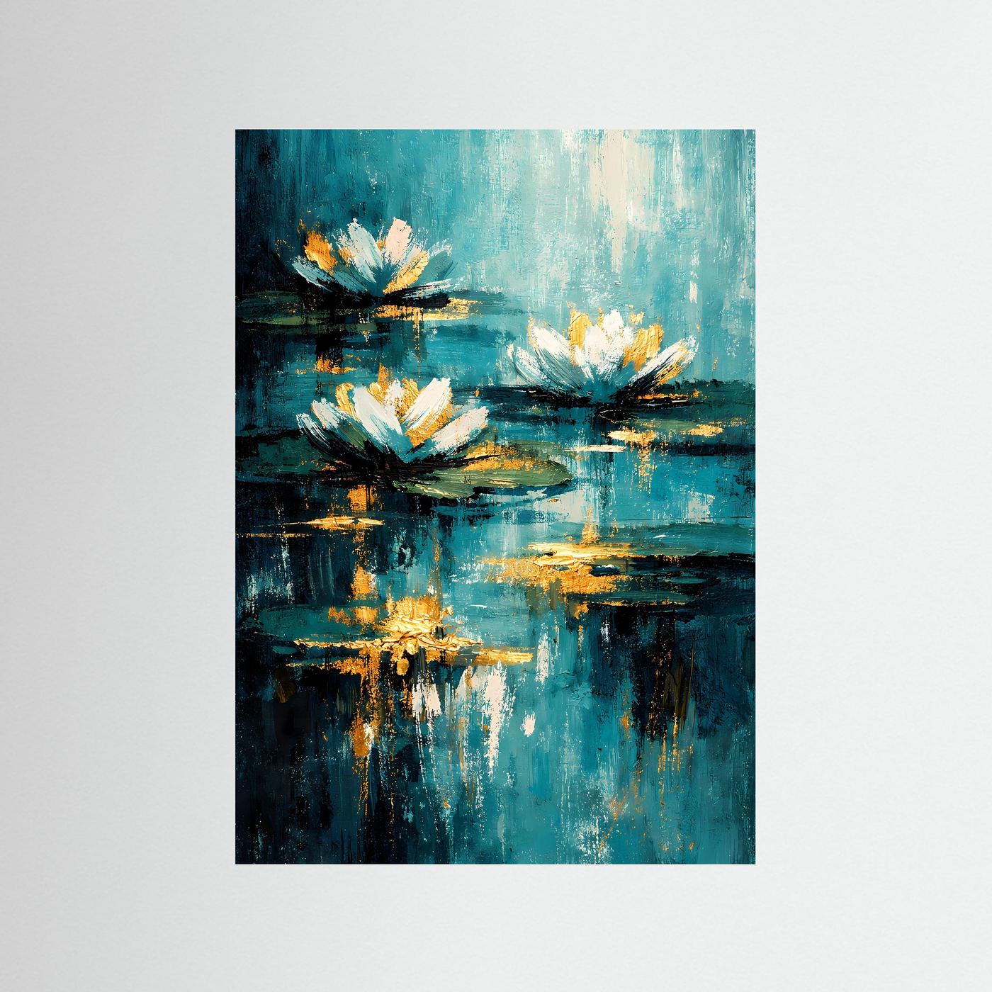 Kunstdruck mit Seerosen auf blauem Teich, abstrakte Pinseloptik, ohne Rahmen