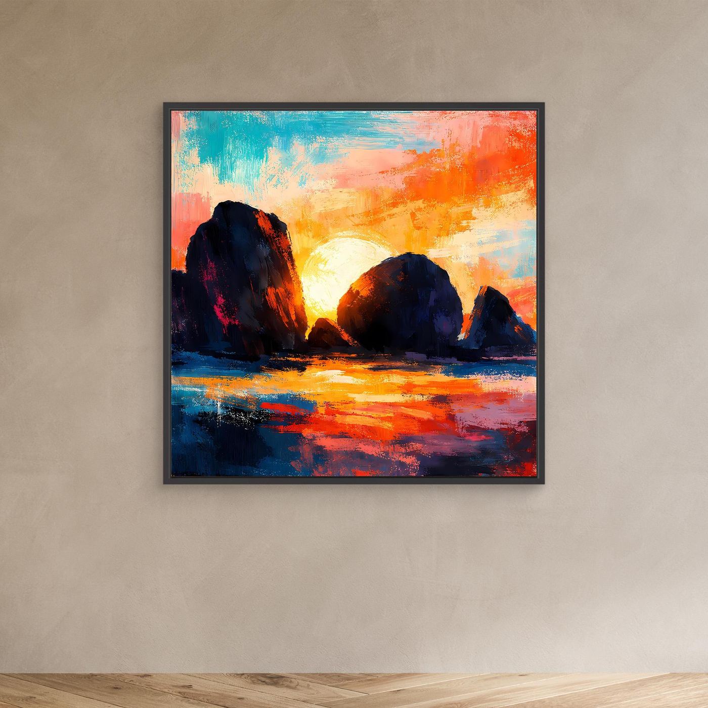 Abstraktes Küsten-Leinwandbild mit schwarzem Rahmen: dunkle Felsen, Sonne und Spiegelmeer