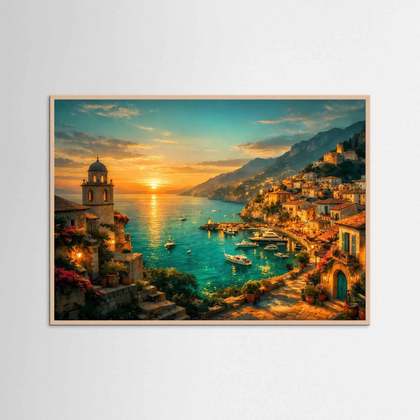 Wandposter Küstenstadt am Sonnenuntergang mit Meer, Booten und Kirche im Vordergrund, beigerahmt