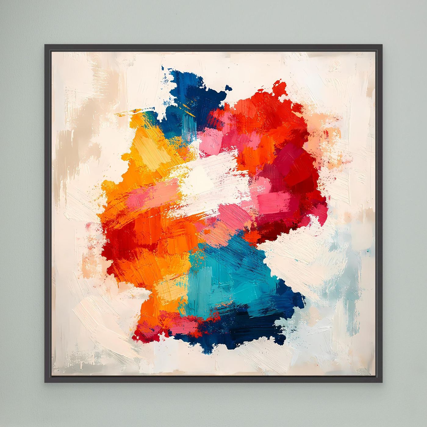 Framed abstract canvas wall art with colorful map silhouette, black frame