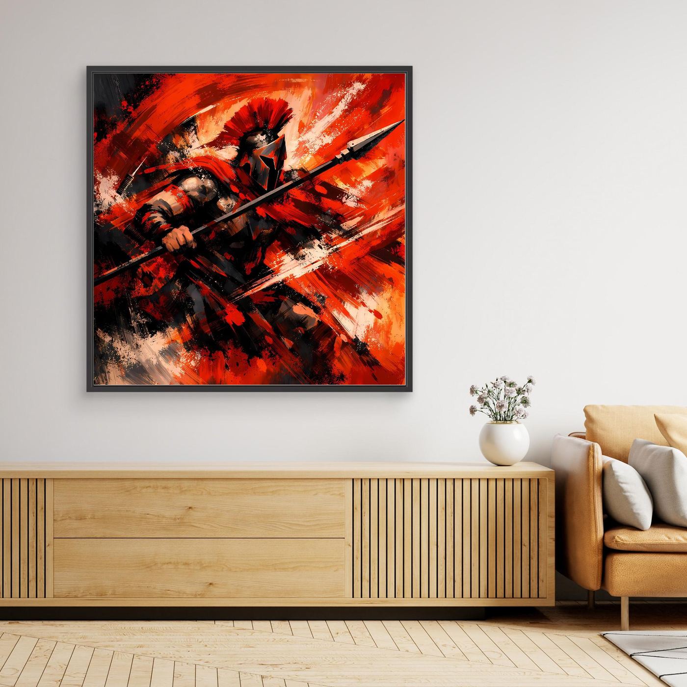 Gerahmtes Leinwand-Wandbild mit Krieger-Motiv in Rot, abstraktes Motiv im dunklen Rahmen
