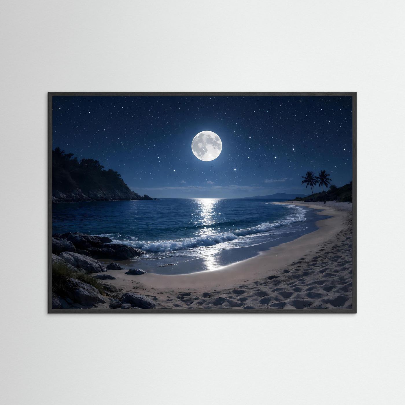 Poster Querformat: Mond über Sandstrand bei Nacht, schwarzer Rahmen
