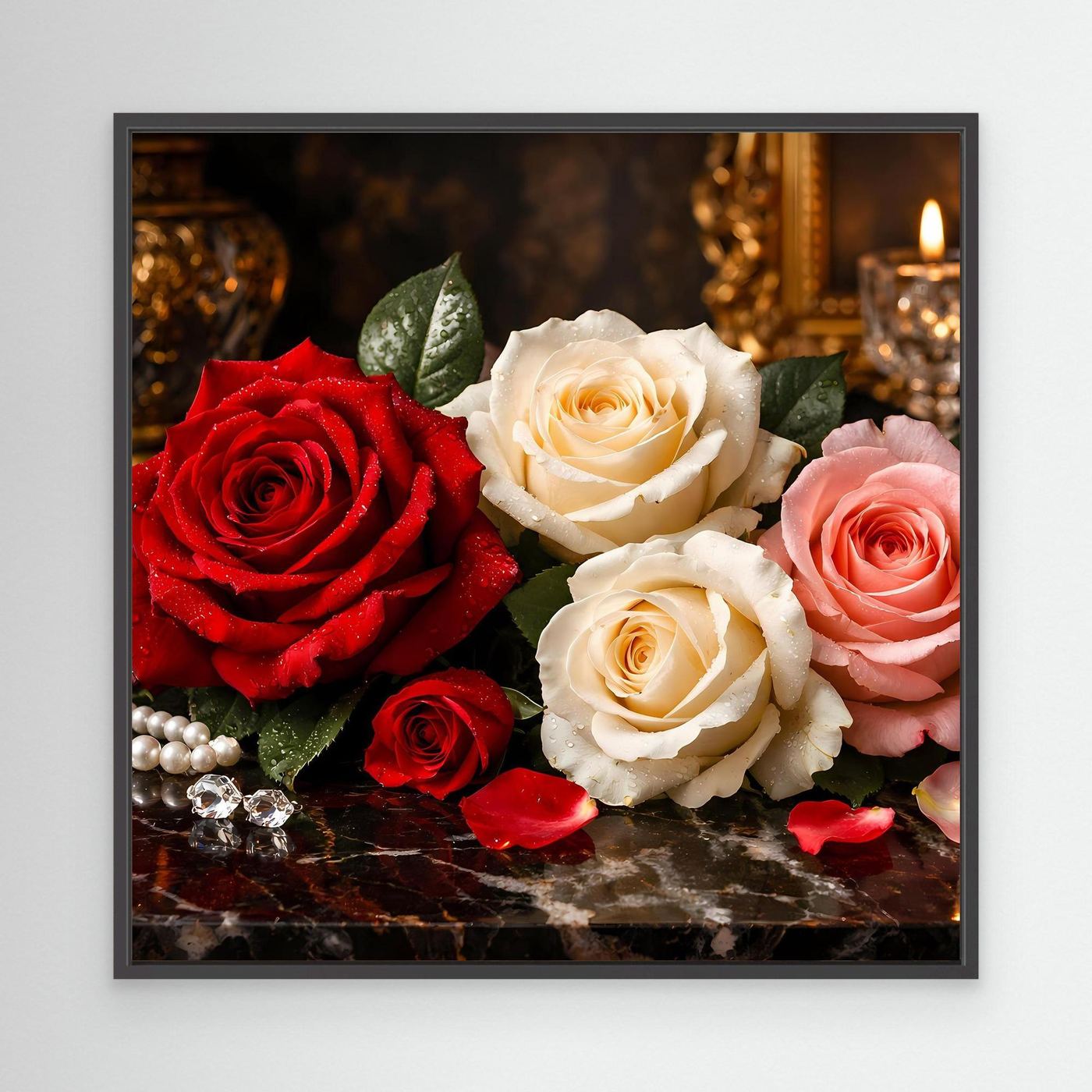 Gerahmtes Leinwandbild mit Rosenstillleben: rote Rose links, weiße und rosafarbene rechts