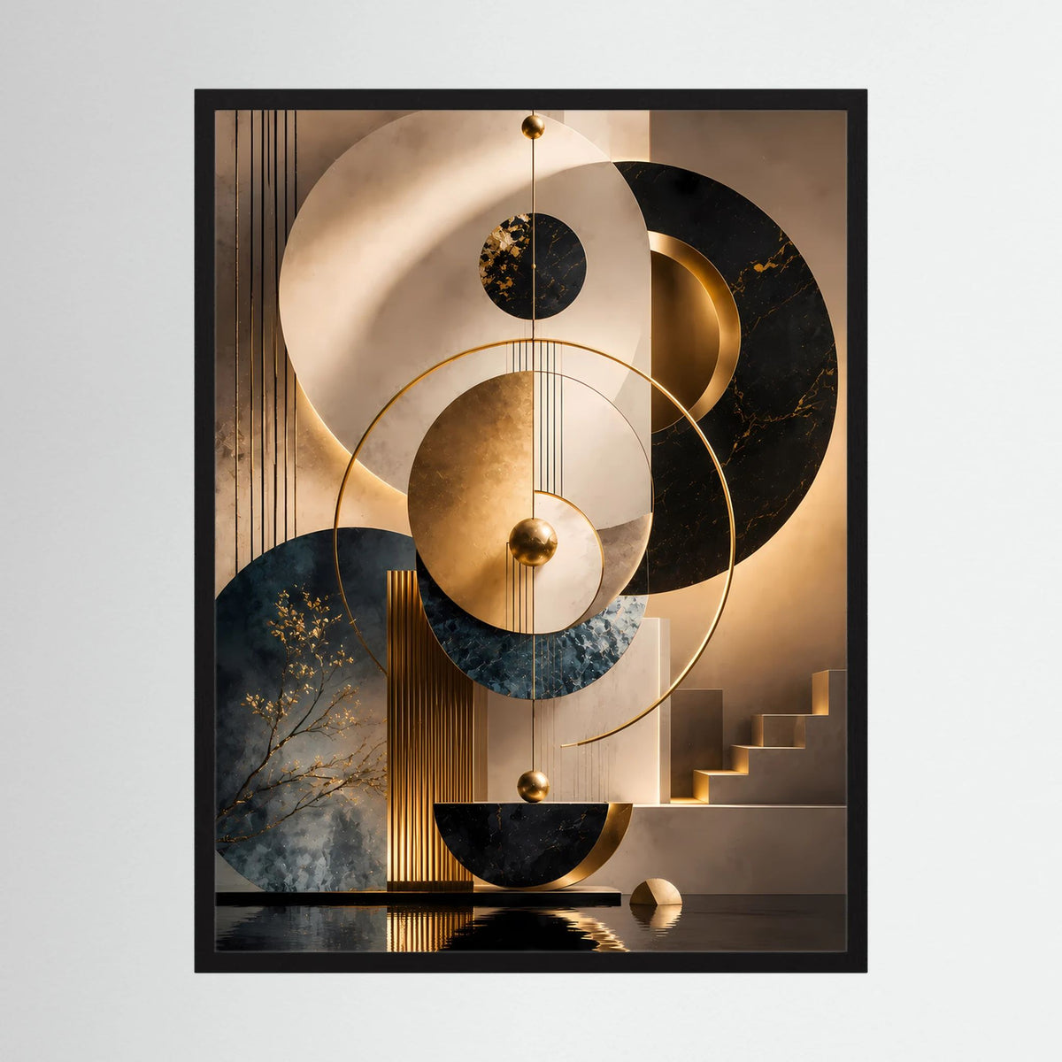 Gerahmtes Hochformat-Poster mit abstrakten goldenen Kreisen, Beige- und Petrolflächen.