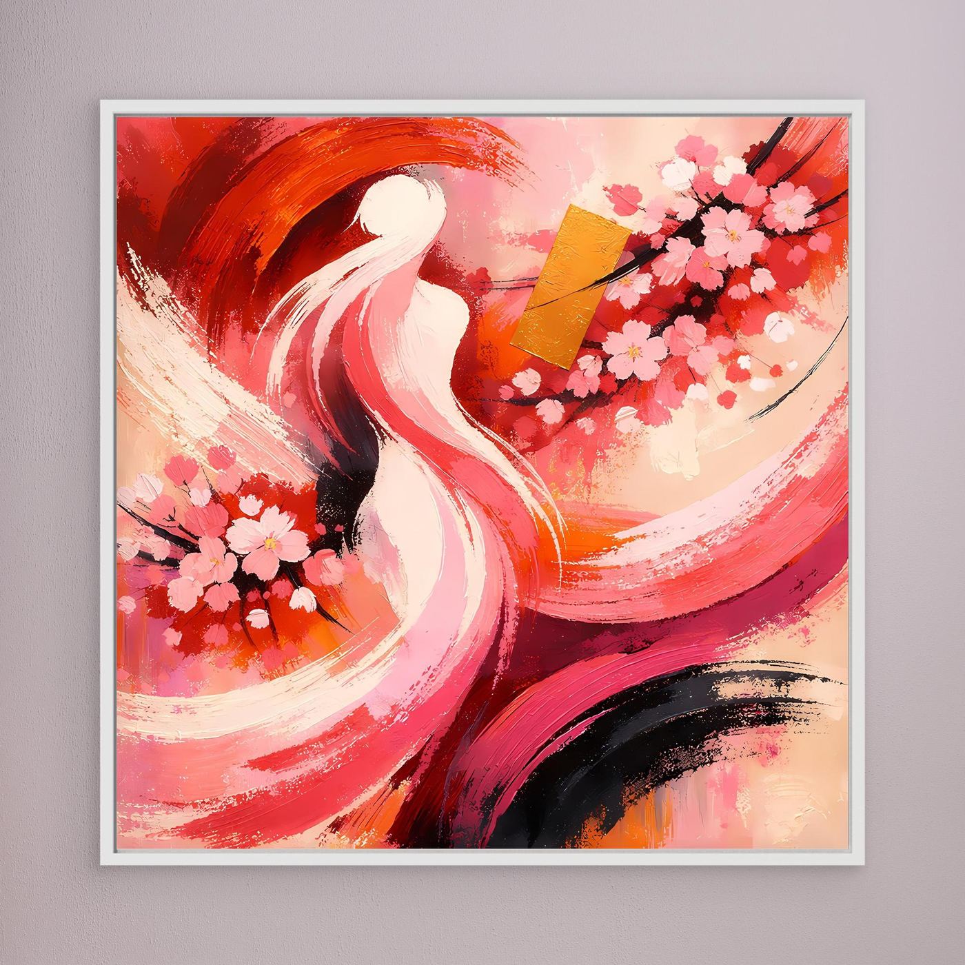 Leinwandbild: Kirschblüten und abstrakte Frauen-Silhouette in Rot, weiß gerahmt