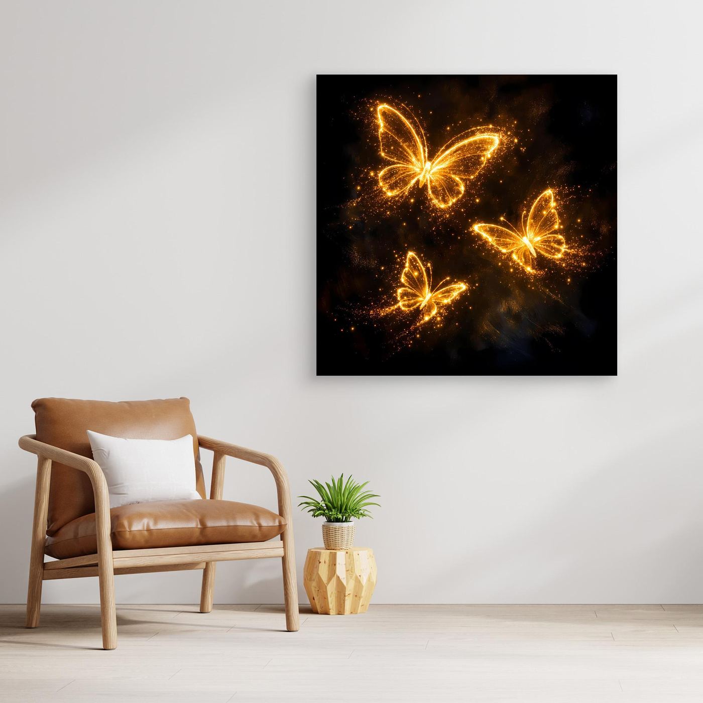Premium Leinwand Leuchtende Schmetterlinge in Gold | Elegantes Fantasy Wandbild abstrakt