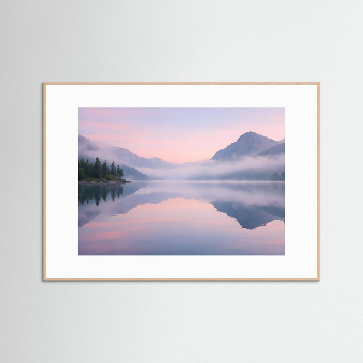 Wandkunst mit Bergsee-Landschaft, rosa-blauer Sonnenaufgang, Holzrahmen in Naturton