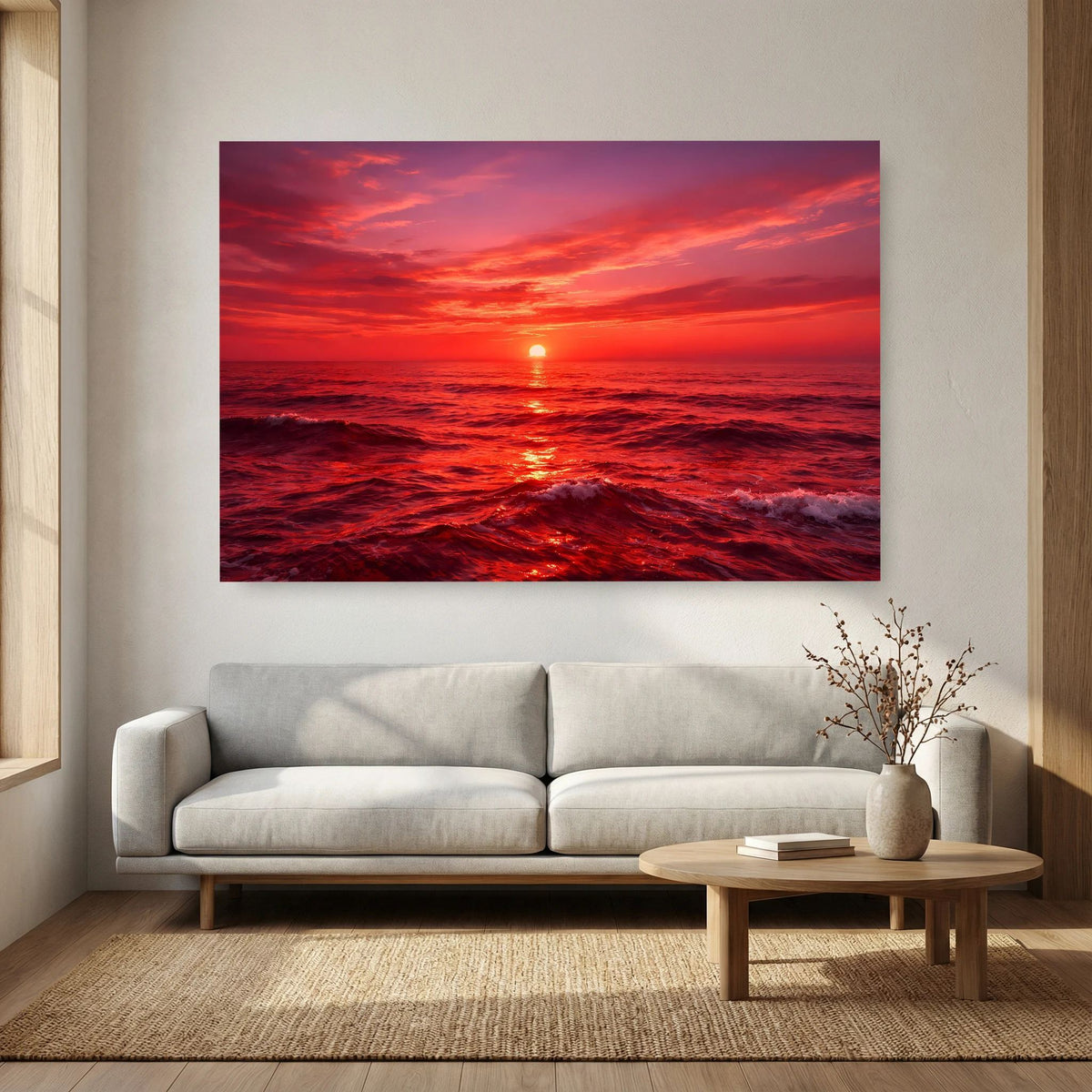 Querformat-Wandbild: Sonne über dem Meer bei Sonnenuntergang, roter Himmel und Wellen