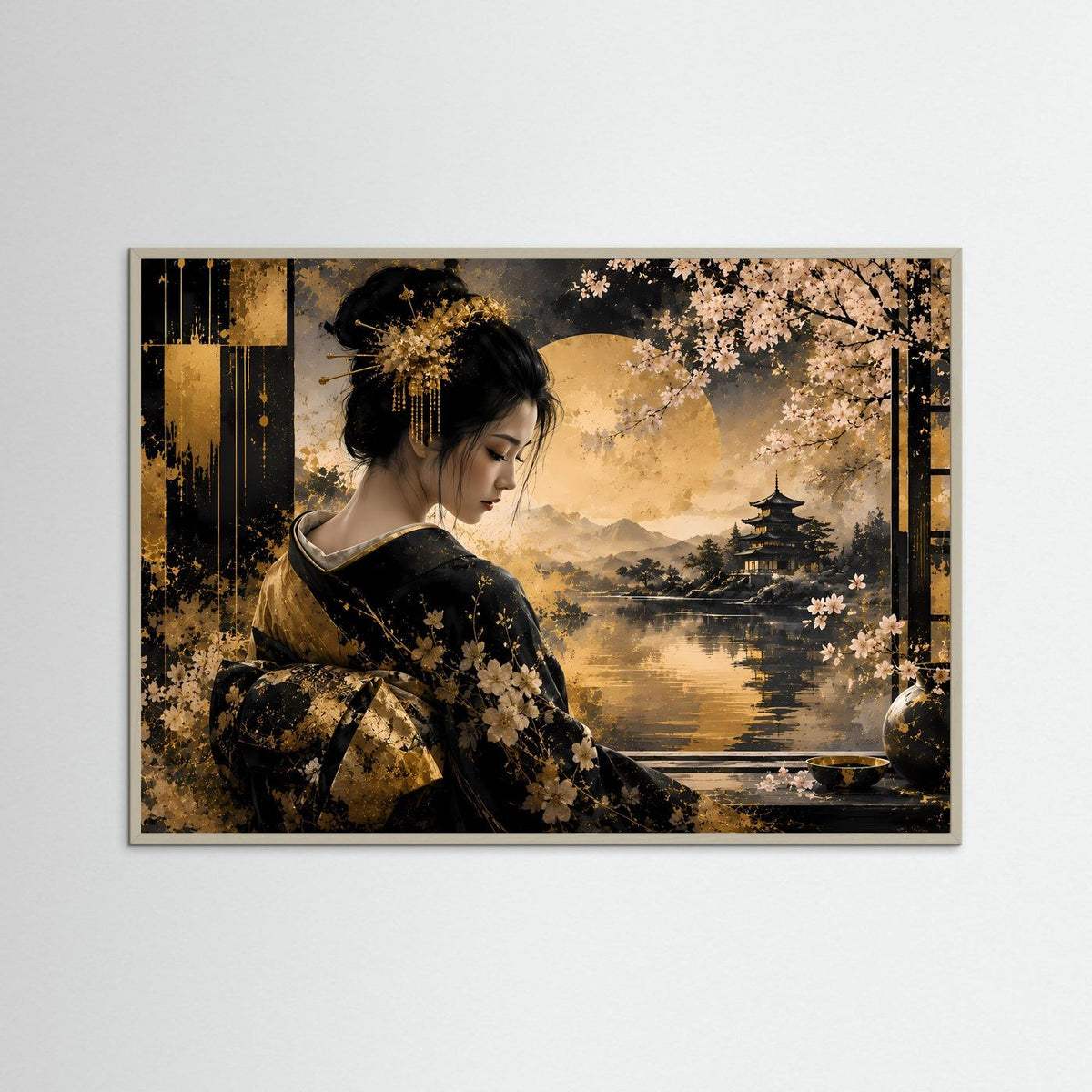 Querformat-Wandbild: Geisha im schwarzen Kimono mit Kirschblüten, grauer Holzrahmen