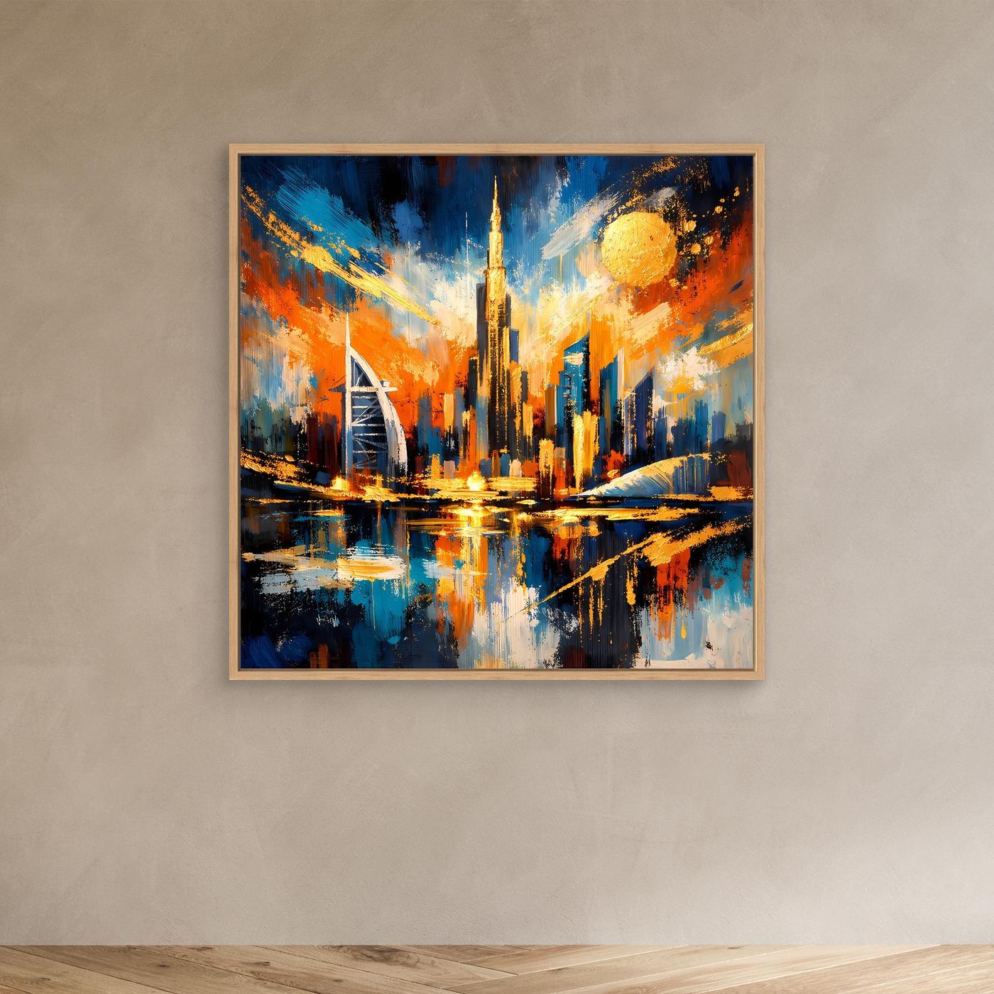 Gerahmtes Leinwandbild mit abstrakter Dubai-Skyline in Blau und Gold, brauner Rahmen.