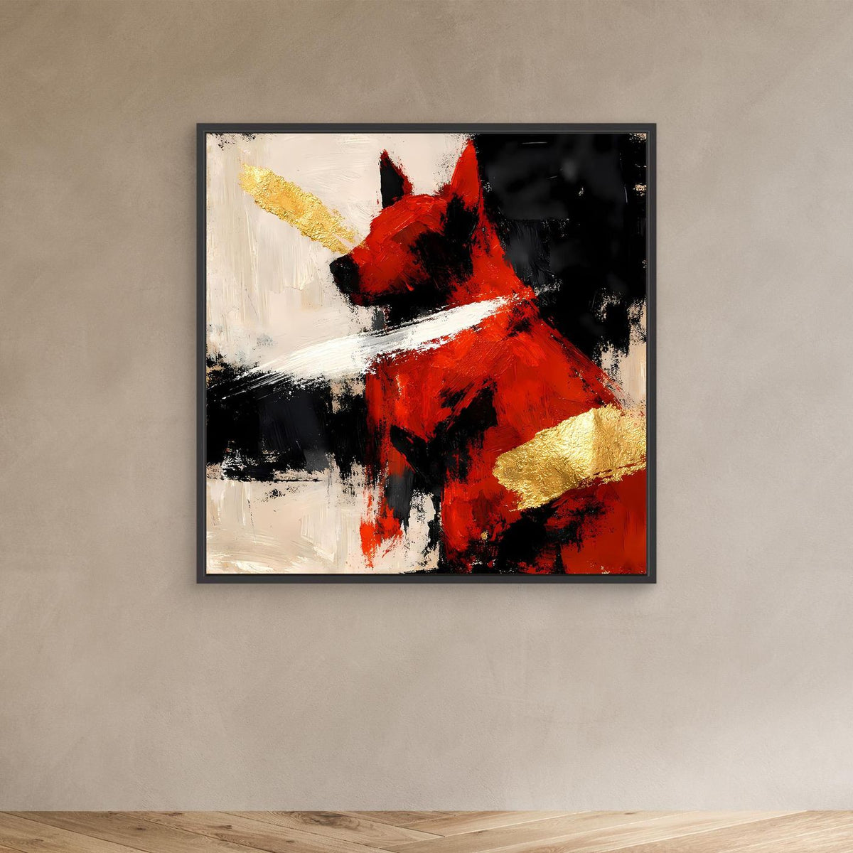 Leinwandbild mit abstraktem Hund in Rot und Gold, schwarz gerahmt