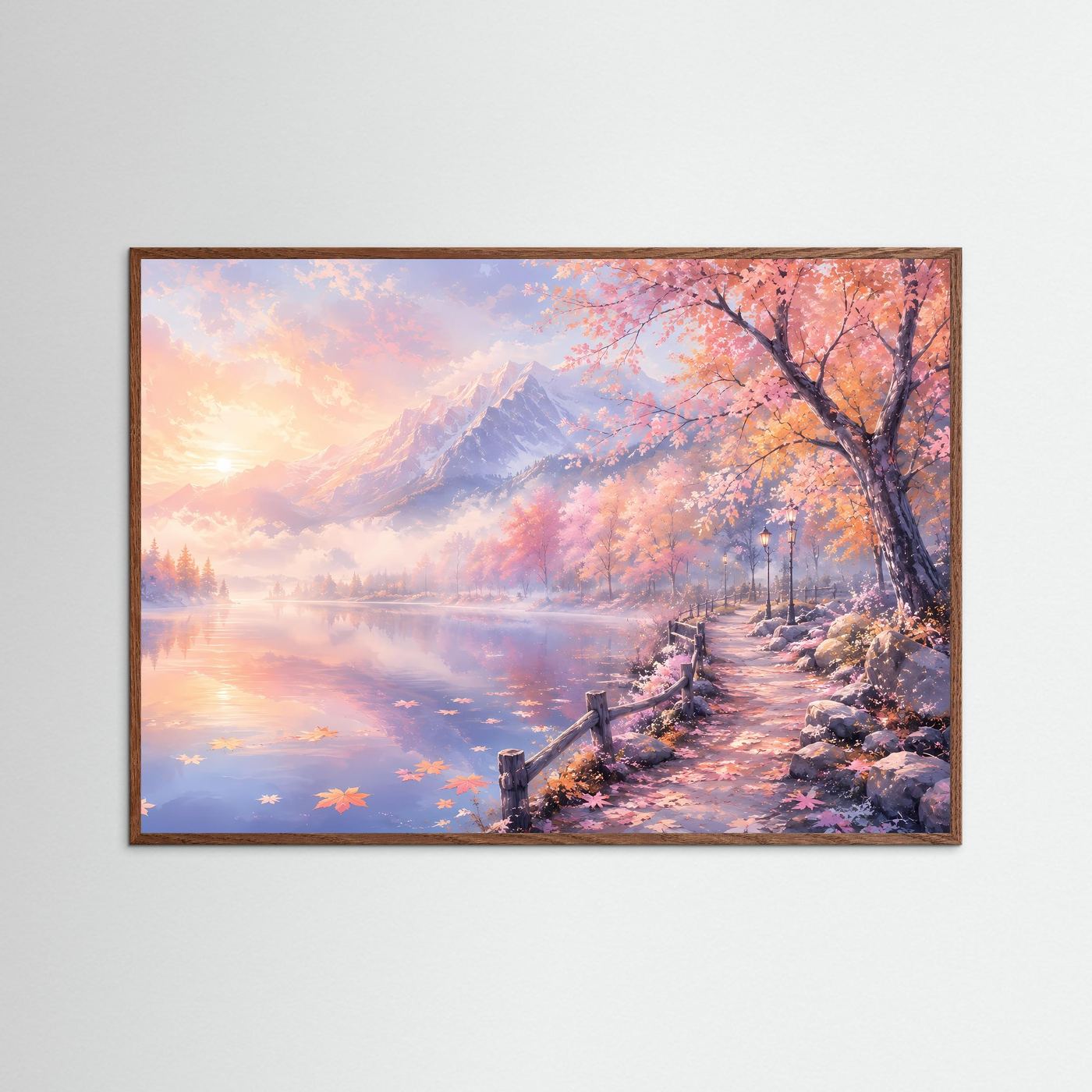 Pastell Alpen am Spiegelsee | Romantisches Berglandschaft Panorama Poster Querformat in Rosa & Gold