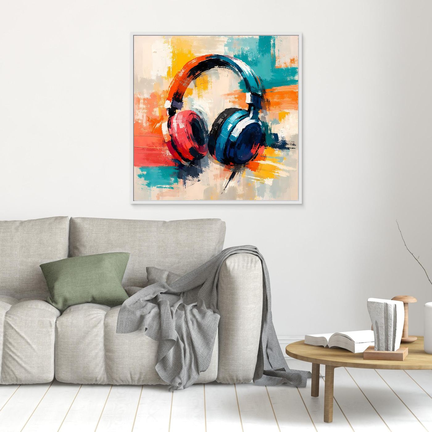 Light-framed canvas wall art with colorful abstract over-ear headphones