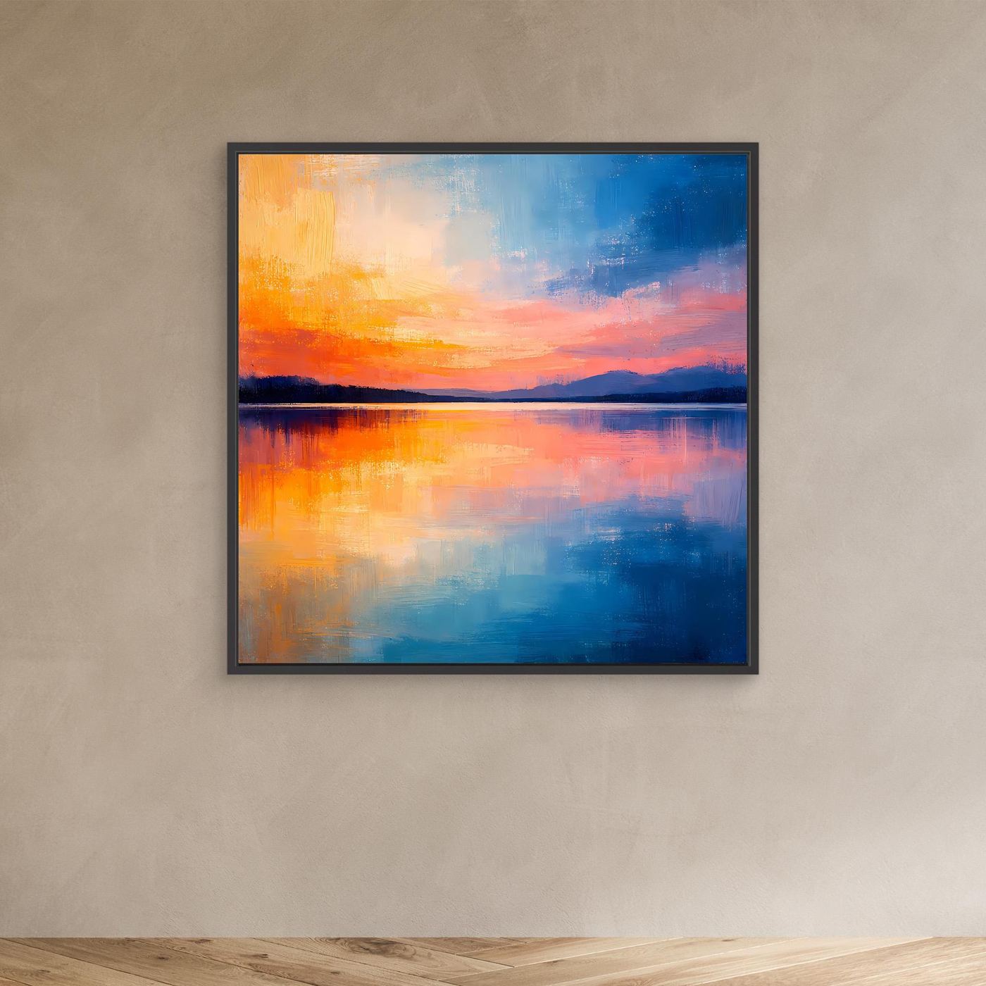 Abstraktes Wandbild auf Leinwand im schwarzen Rahmen mit See-Spiegelung in Blau, Orange und Rosa
