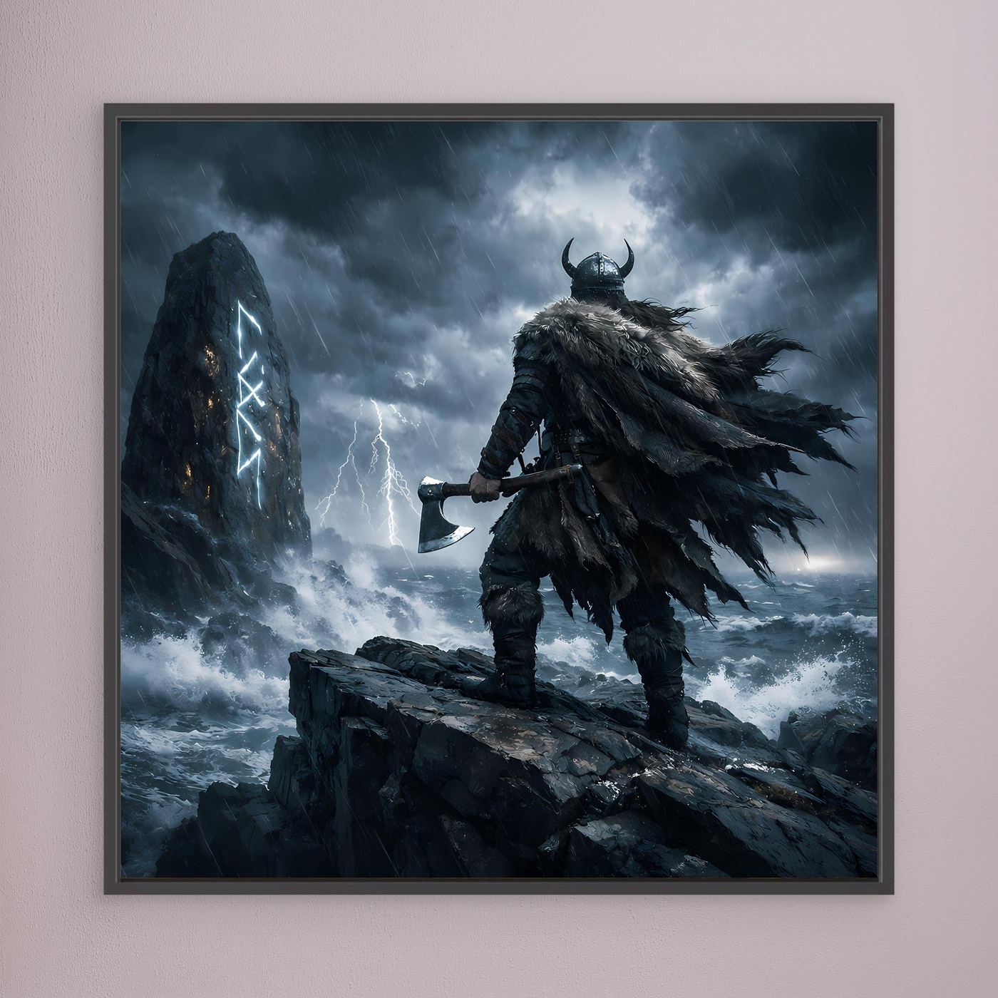 Leinwand Mystischer Wikinger am Runenstein | Abstraktes Nordisches Gewitter Wandbild