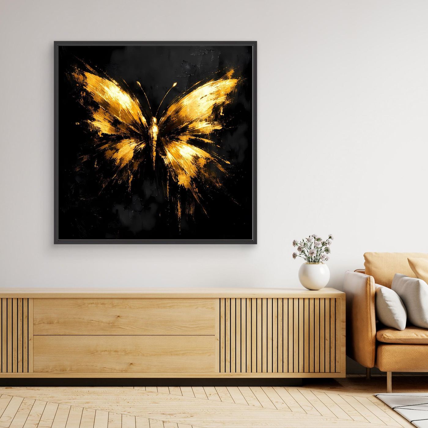 Leinwand Goldener Schmetterling auf Schwarz | Abstraktes Luxus Wandbild