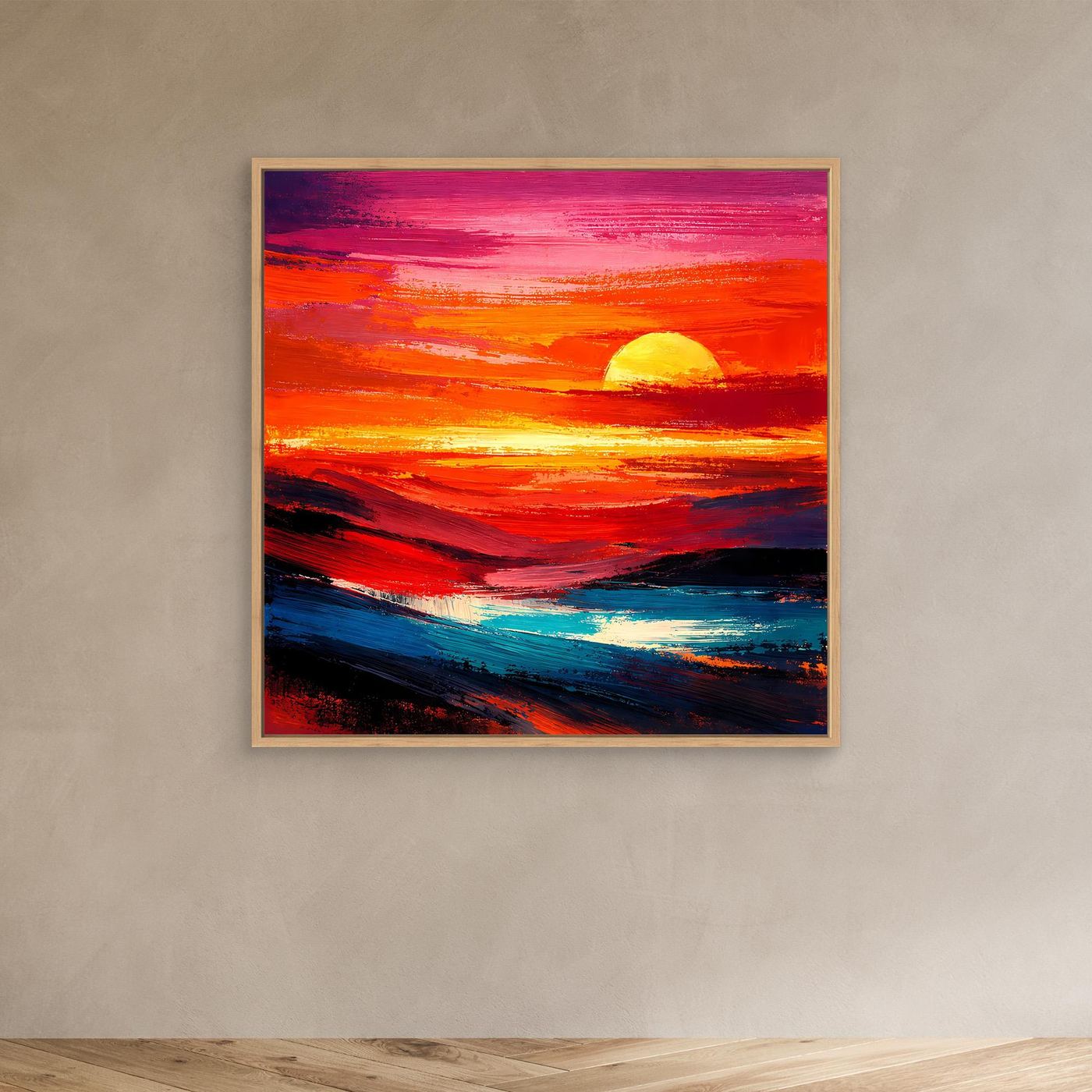 Leinwandbild abstraktes Meer mit Sonnenuntergang, gelbe Sonne, goldener Holzrahmen