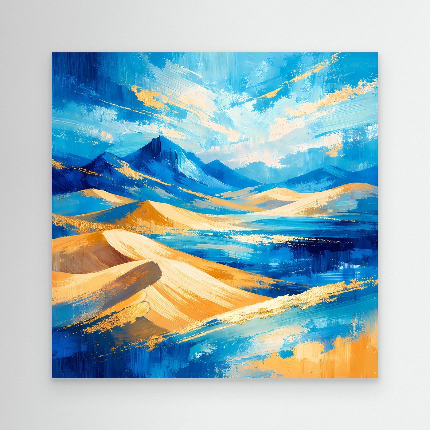 Leinwandbild abstrakte Berglandschaft mit Dünen, Blau, Gold und Gelb, ohne sichtbaren Rahmen