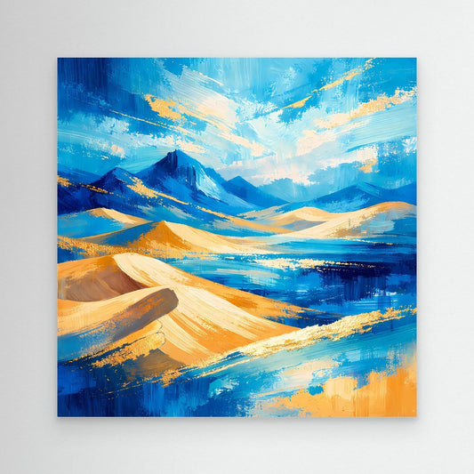 Leinwandbild abstrakte Berglandschaft mit Dünen, Blau, Gold und Gelb, ohne sichtbaren Rahmen