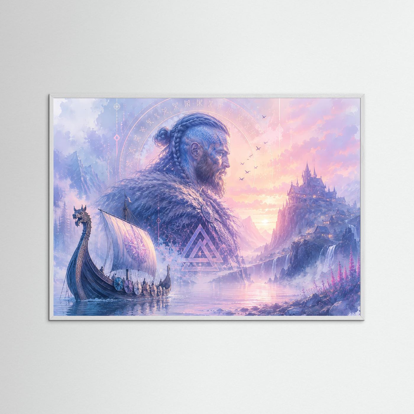 Mystischer Wikinger vor Nordischer Burg | Fantasy Viking Poster Querformat