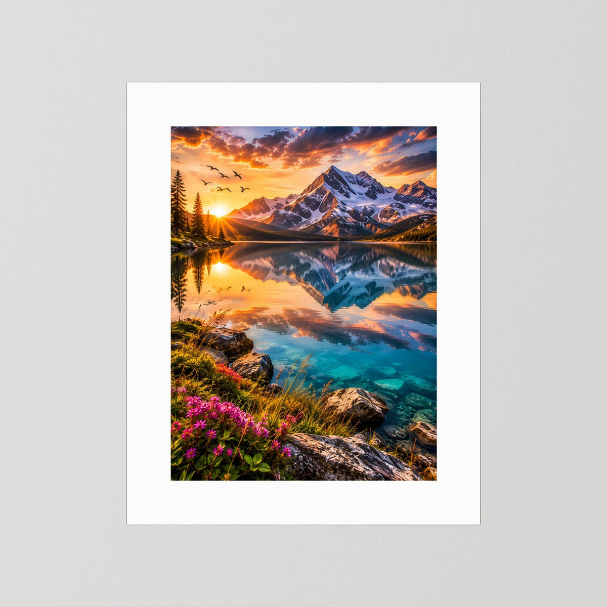 Poster Hochformat mit weißem Rand: Alpenlandschaft am Abend mit Spiegelung und Bergen