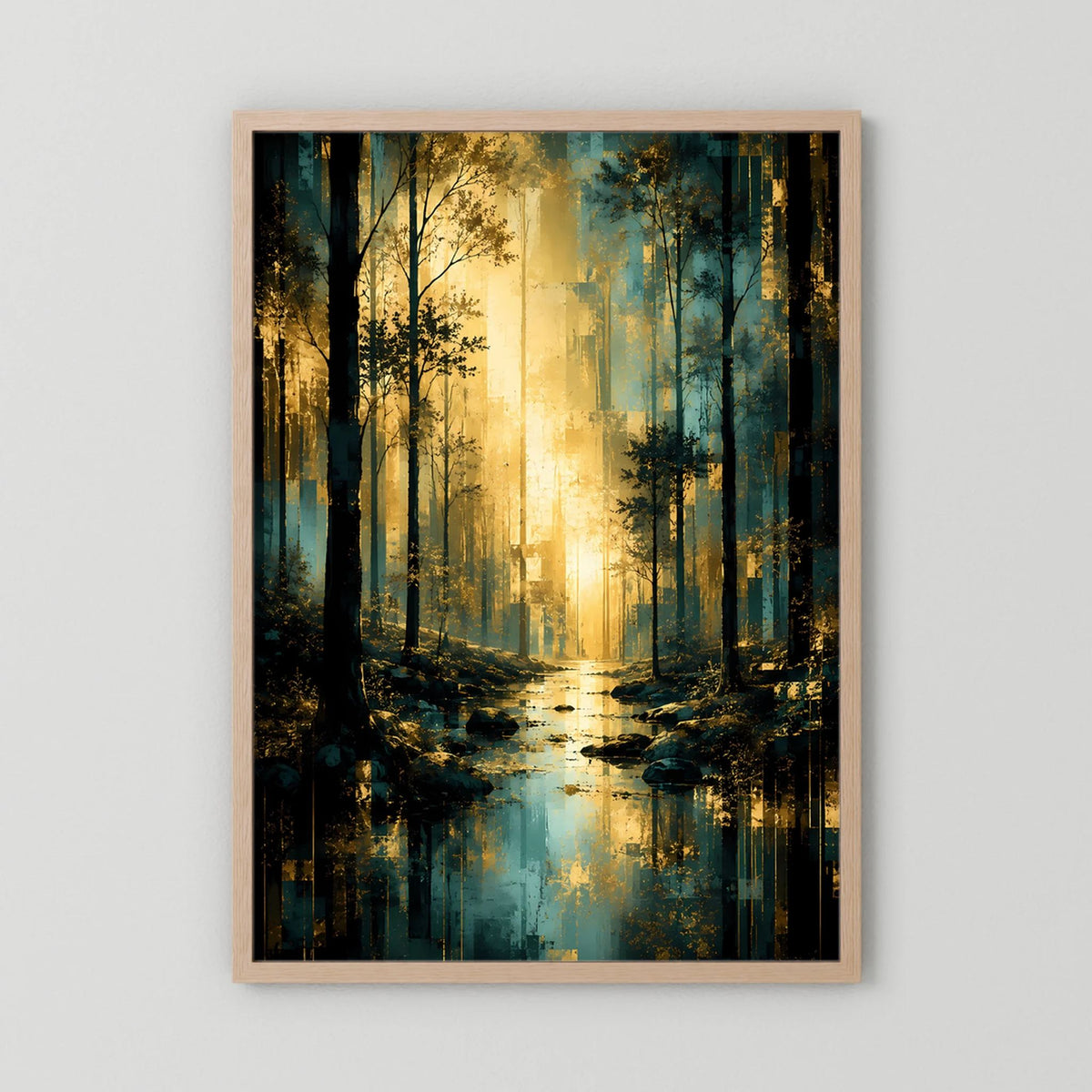 Hochformat-Poster mystischer Wald in Türkis und Gold, Holzrahmen hell