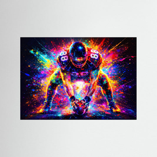 Querformat-Wandbild mit schwarzem Rahmen, Astronaut mit Fußballhelm, leuchtendes Farbdesign