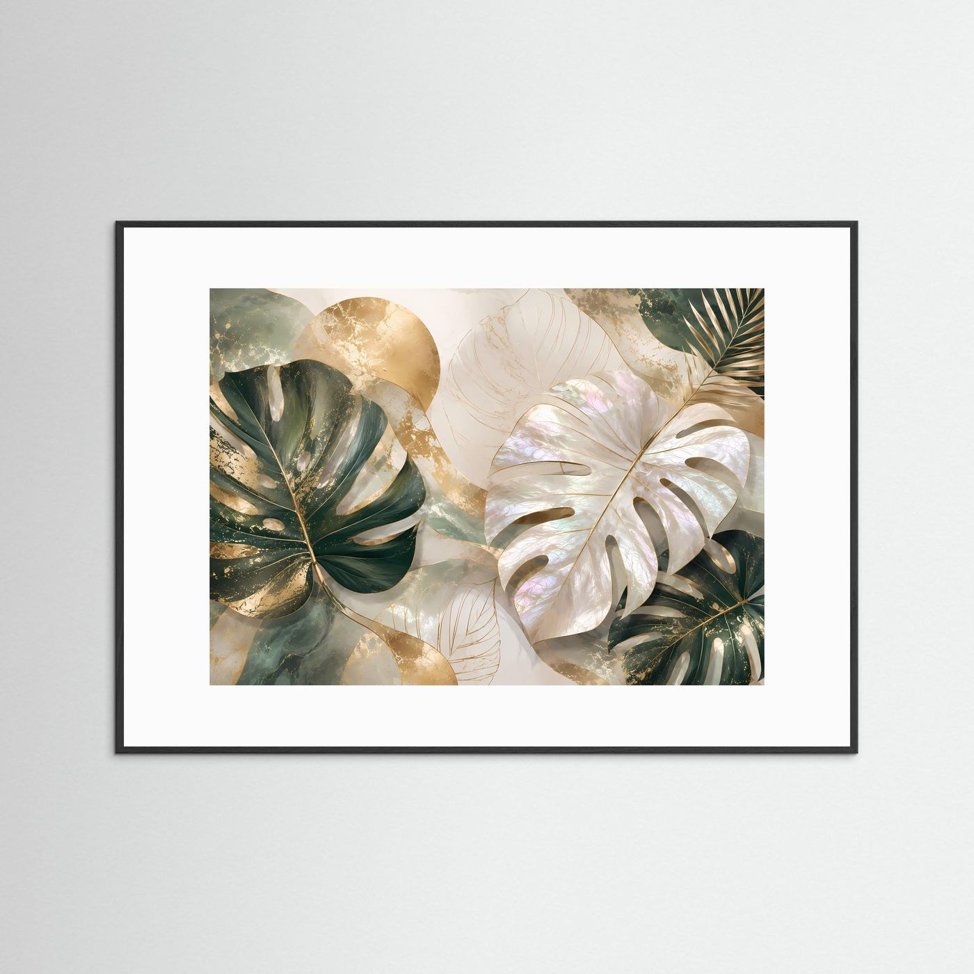 Poster im Querformat mit Monstera-Blättern in Creme, Gold und dunklem Grün, schwarzer Rahmen