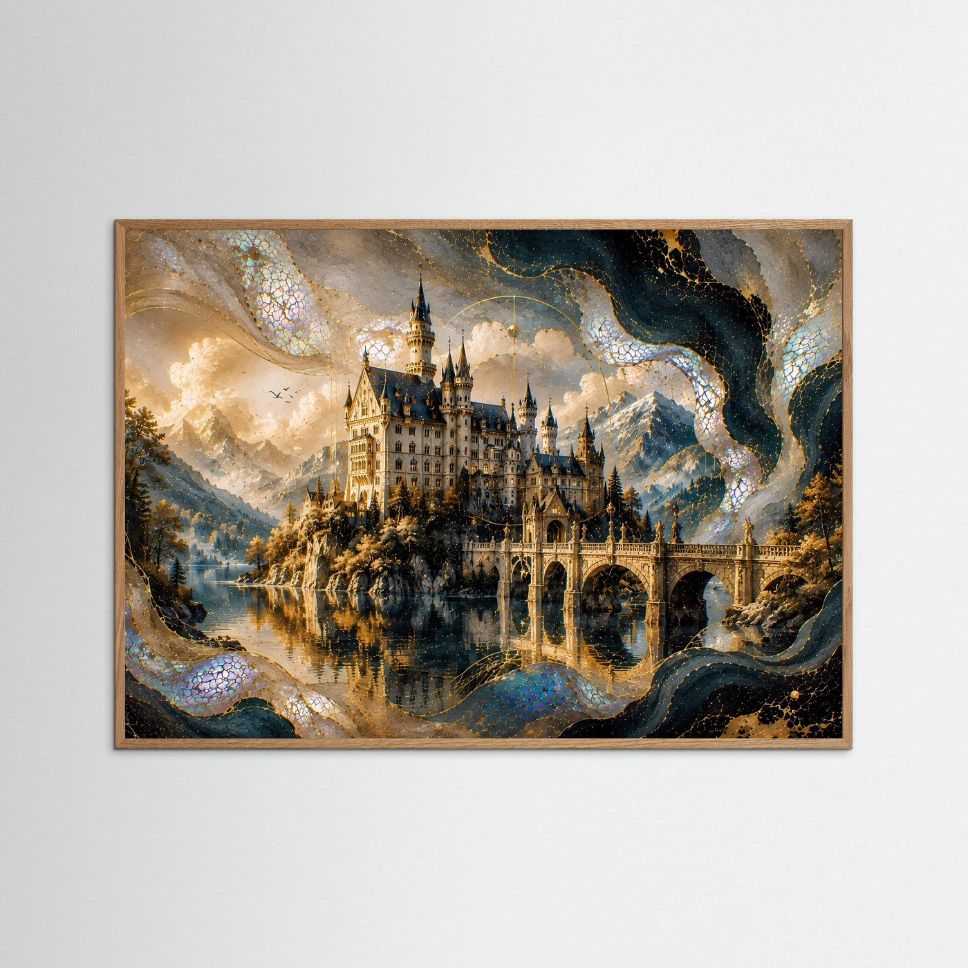 Gerahmtes Poster im Querformat mit Märchenschloss am See in Gold- und Perlmutttönen, Rosé-Holzrahmen.