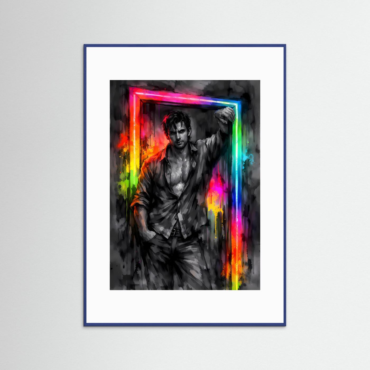 The Neon Doorway | Luxuriöses Mann Poster Bunt & Dunkel | Abstraktes Portrait Kunstposter Hochformat