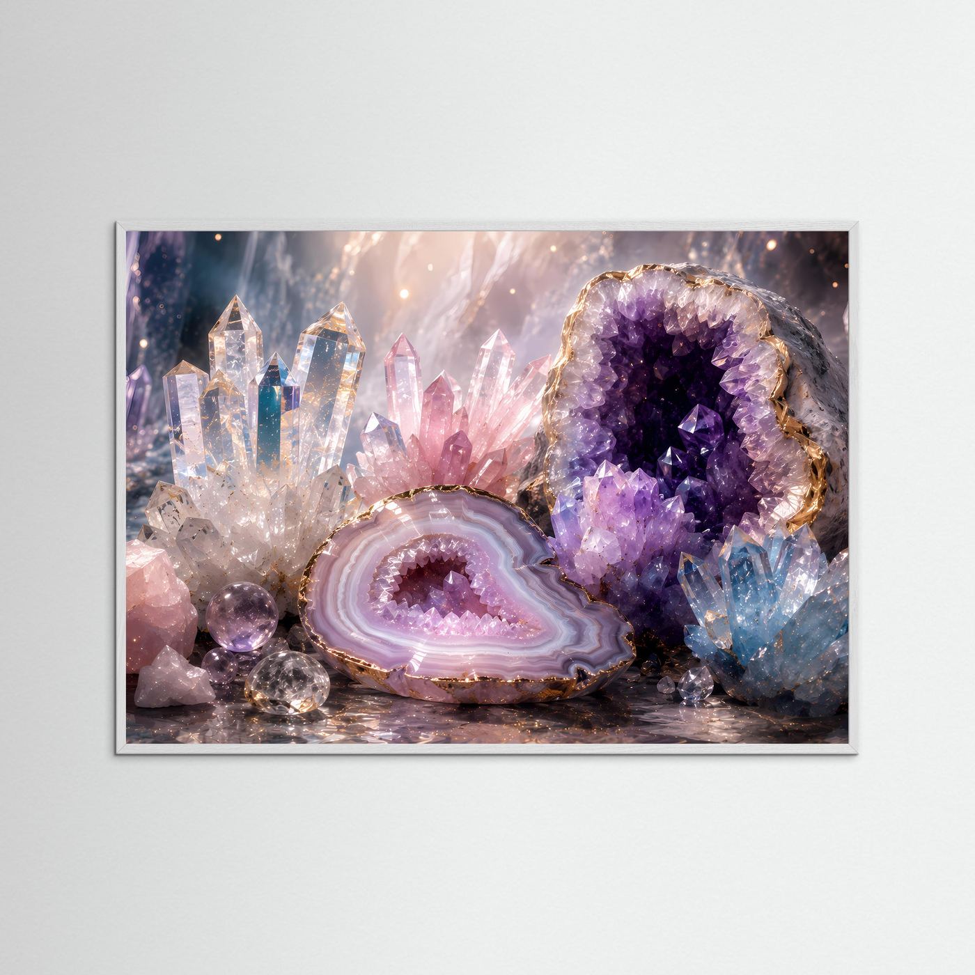 Kristalle & Geoden Poster | Amethyst, Rosenquarz & Bergkristall Wandbild | Luxuriöse Edelstein Kunst | Premium Leinwand & Wall Art